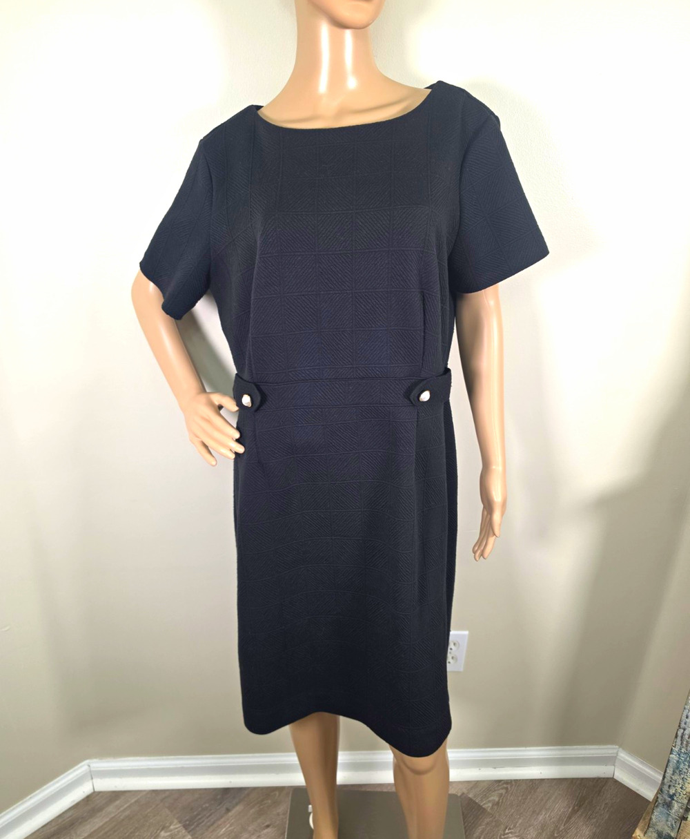 Ann Taylor Factory Black Geometric Knit Sheath Dress Boat Neck Short Sleeve 14